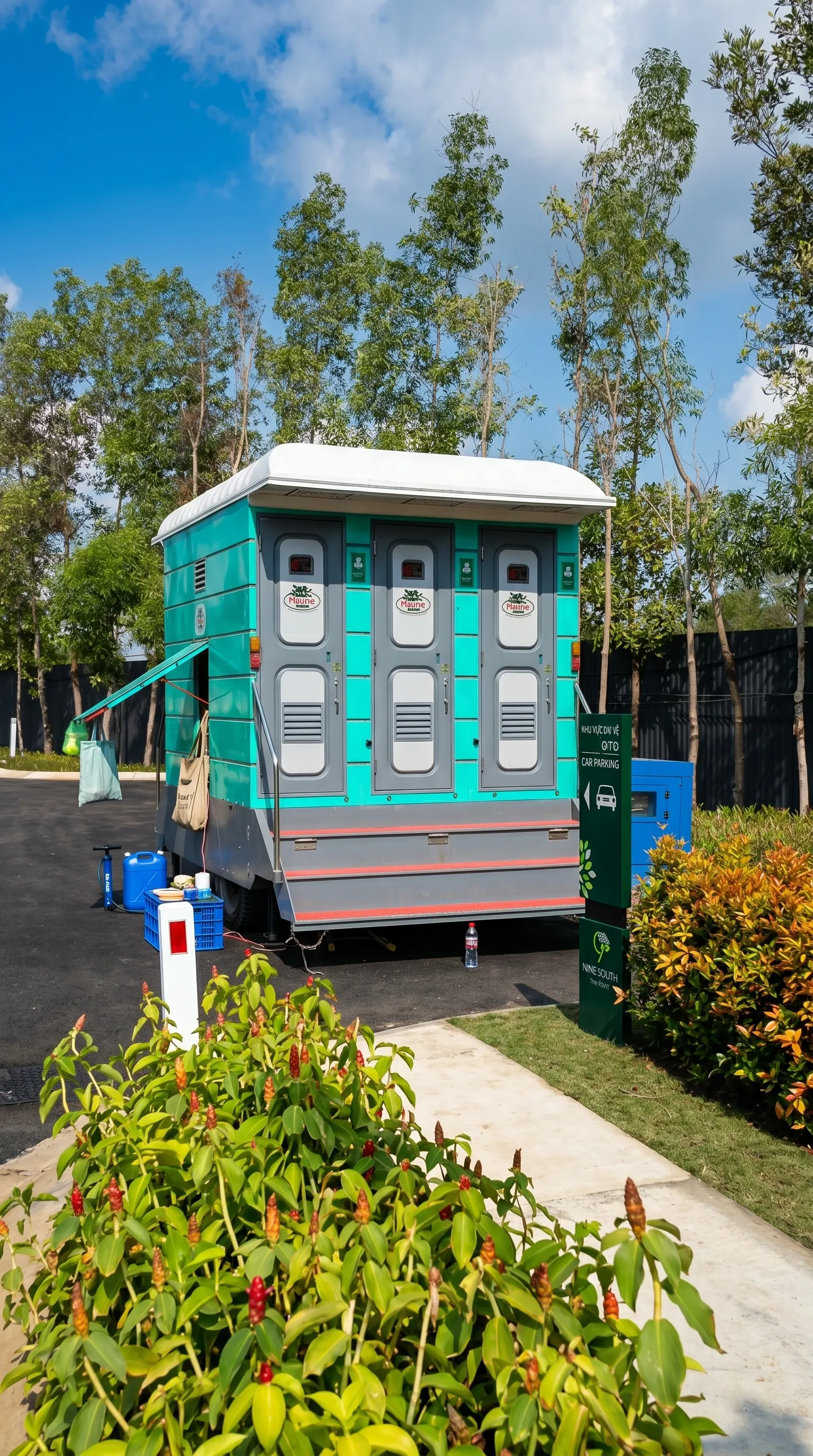 Mẫu xe kéo nhà vệ sinh di động cao cấp đỗ trên thảm cỏ phục vụ sự kiện ngoài trời sang trọng